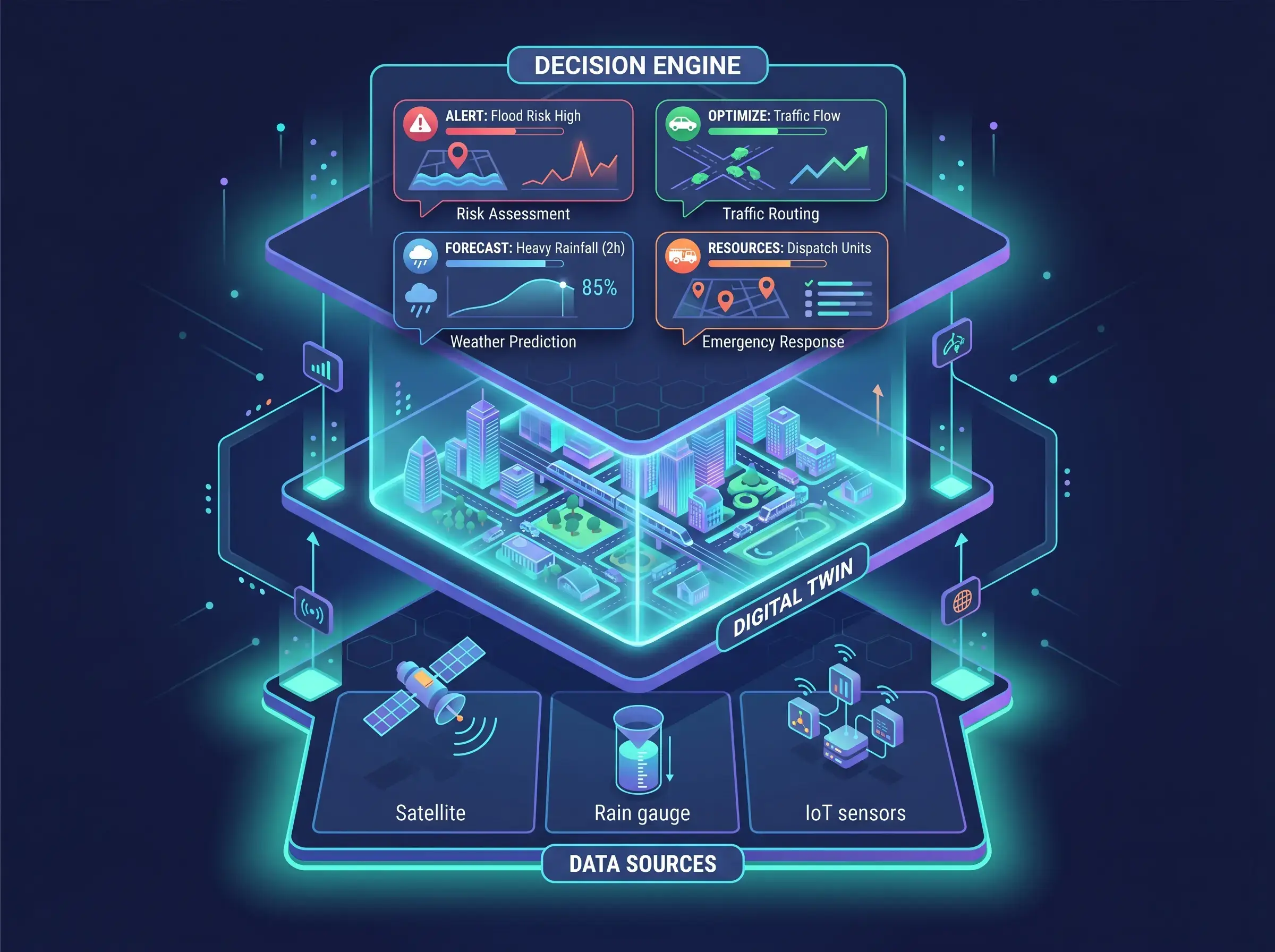 3D isometric illustration of the three-layer Deceris Decision OS architecture: Data sources at the bottom with satellite, rain gauge and IoT icons, a digital twin city model in the middle layer, and a decision engine with chat-style cards at the top