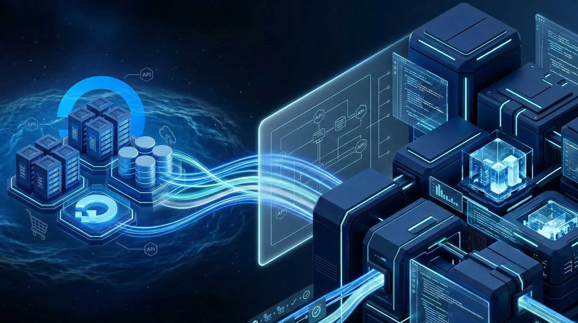 Abstract photorealistic illustration of a headless e-commerce infrastructure migration from DigitalOcean to a secure AWS VPC environment, featuring cloud architecture, CI/CD pipelines, Terraform code holograms, and monitoring signals in a dark blue enterprise color palette.